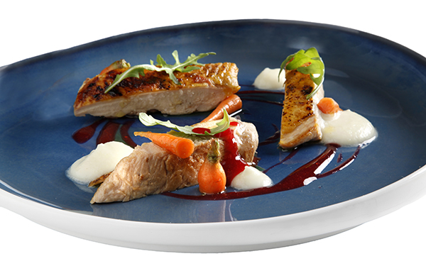Seared Guinea fowl breast, celeriac gel, raspberry dressing and rainbow baby carrots 1